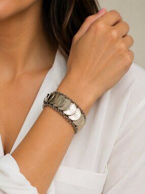 Vintage Trinidad Tobago 1 Cent Coin Link Bracelet Silver Tone Boho